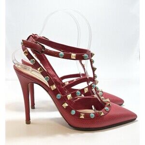 Valentino Rockstud Heels Red w/ Gold & Turquoise Studs Leather Strap Sz EU 37 7